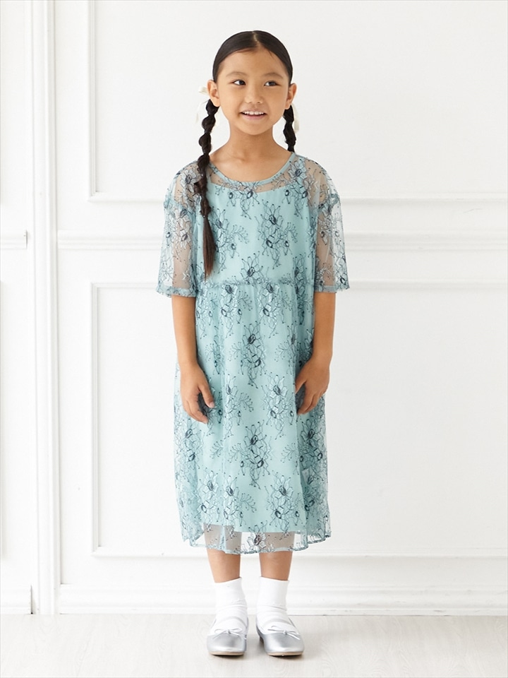 袖付き配色レースキッズドレス|サックス