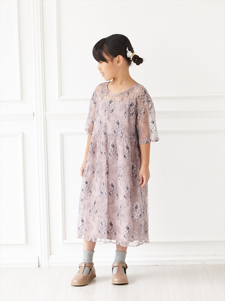 袖付き配色レースキッズドレス|ラベンダー