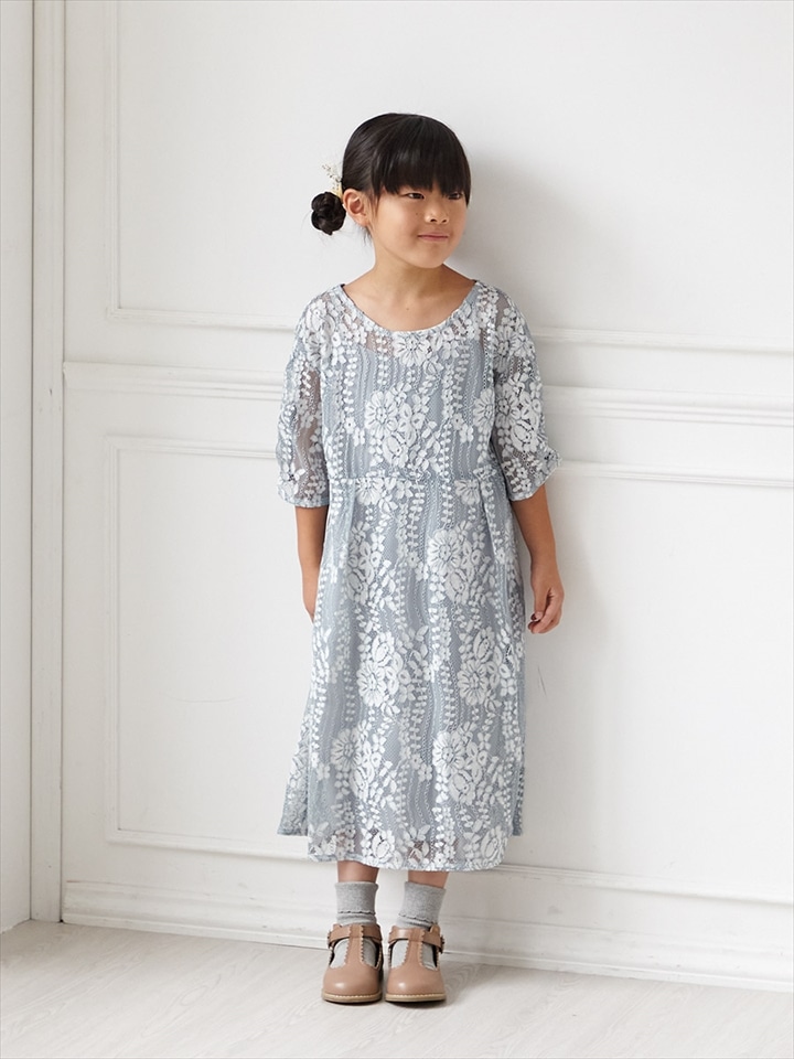 袖付きレースエプロンキッズドレス|ライトグリーン