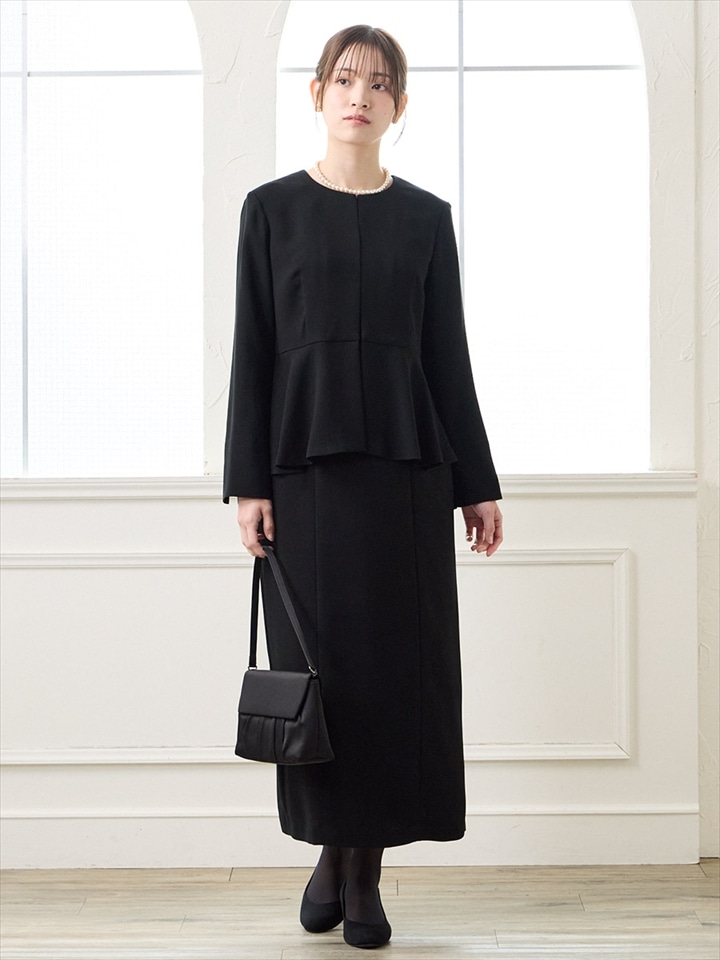 【試着チケット対象商品】【喪服・礼服】【WEB限定】【マシンウォッシャブル】ペプラムデザインアンサンブル風ワンピース|ブラック