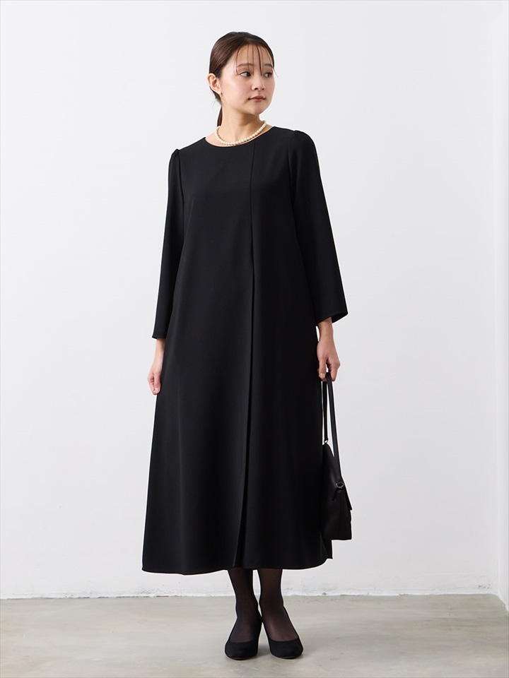 【喪服・礼服】【ウォッシャブル】アシンメトリータックテントラインブラックワンピース|ブラック