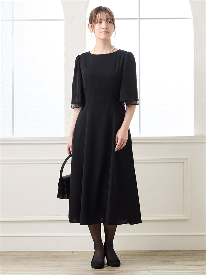 【夏用喪服】【マシンウォッシャブル】【喪服・礼服】レースレイヤードスリーブサマーブラックフレアワンピース|ブラック