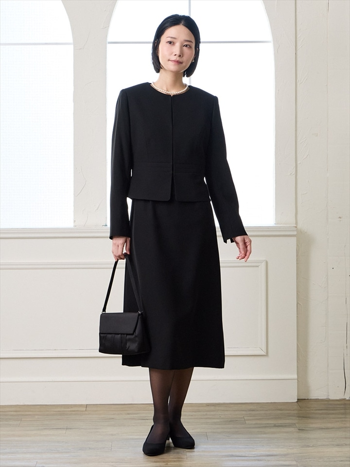 【喪服・礼服】【マシンウォッシャブル】ウエスト切り替えノーカラージャケット、2ピース風ワンピースアンサンブル|ブラック