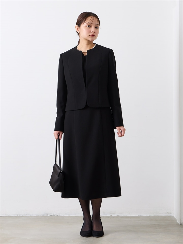 【喪服・礼服】ブラックフォーマルアンサンブル（ソフトスタンドネックジャケット　2ピース風前開きワンピース）|ブラック