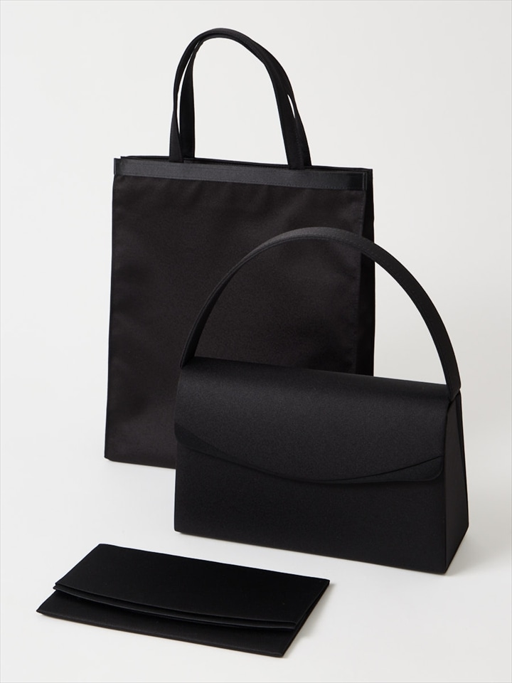 【喪服・礼服用】【WEB限定】サテン切り替えフラップブラックバッグ３点セット(サブバッグ・袱紗）|ブラック