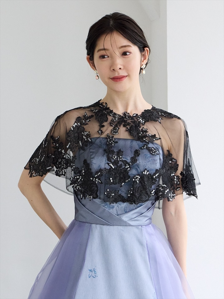 レーススパンコール刺繍ケープ|ブラック