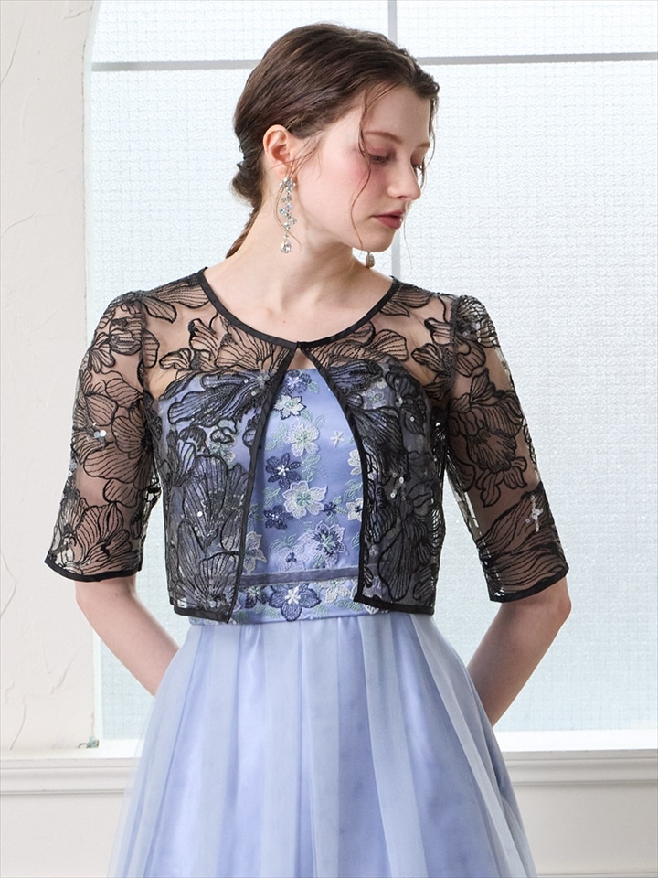レース×スパンコール刺繍ボレロ|ブラック