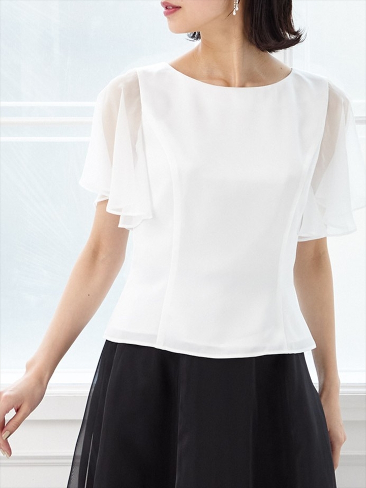 【9号・13号】サテン×シフォン半袖トップス|ホワイト