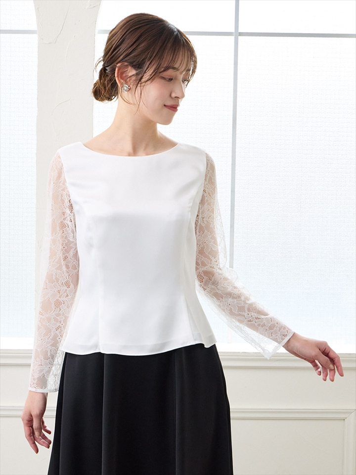 【9号・13号】サテン×レース長袖トップス|ホワイト