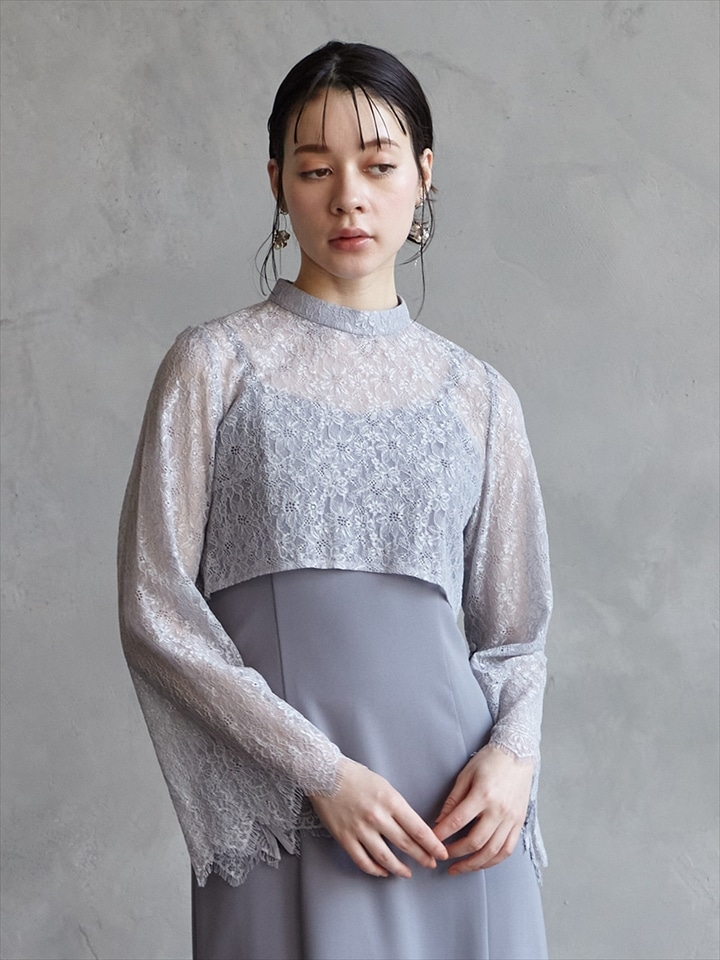 スリットスリーブレースブラウス|グレー