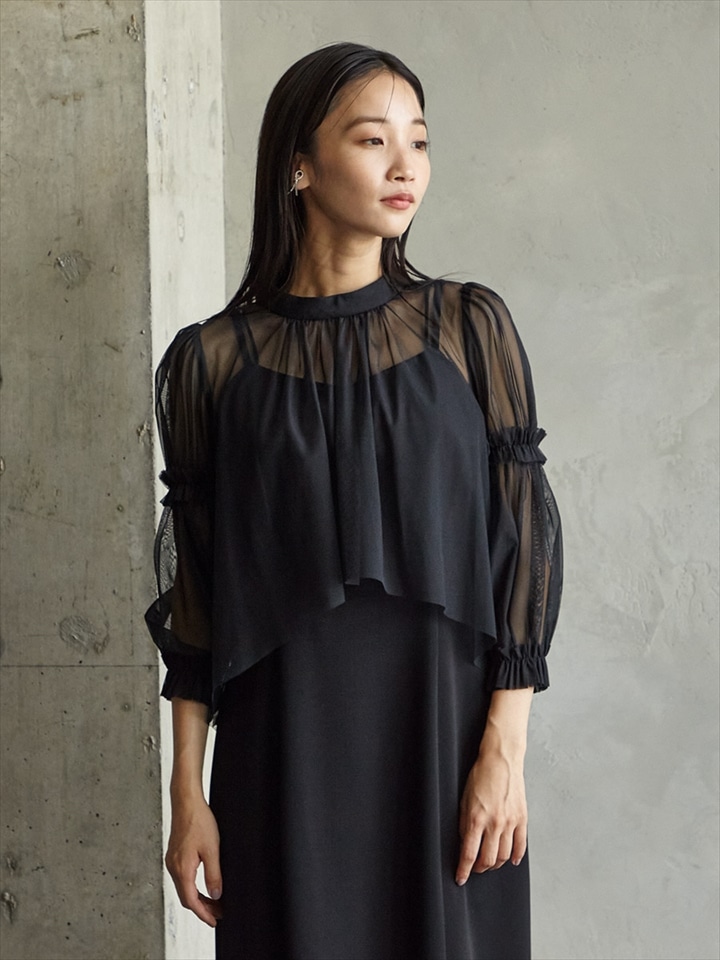 フリルスリーブブライトチュールブラウス|ブラック