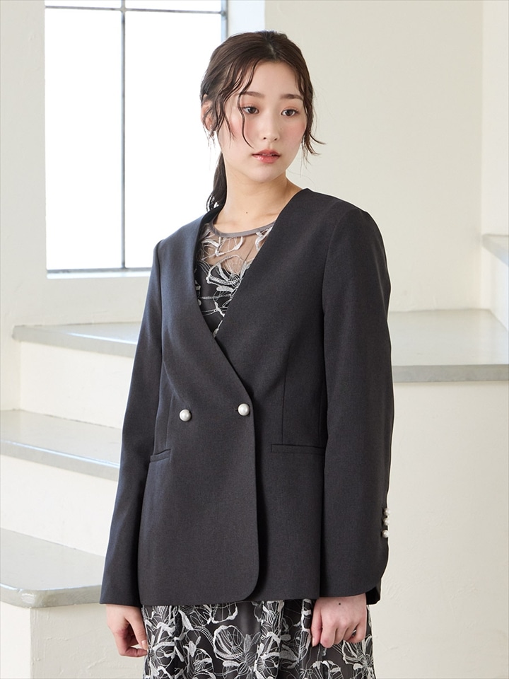 パールボタンドライトロピカルノーカラーダブルジャケット|チャコールグレー