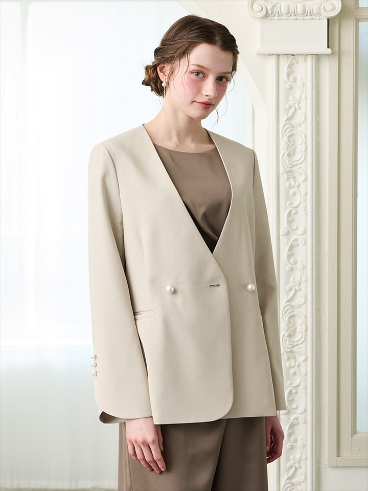 パールボタンドライトロピカルノーカラーダブルジャケット|ベージュ
