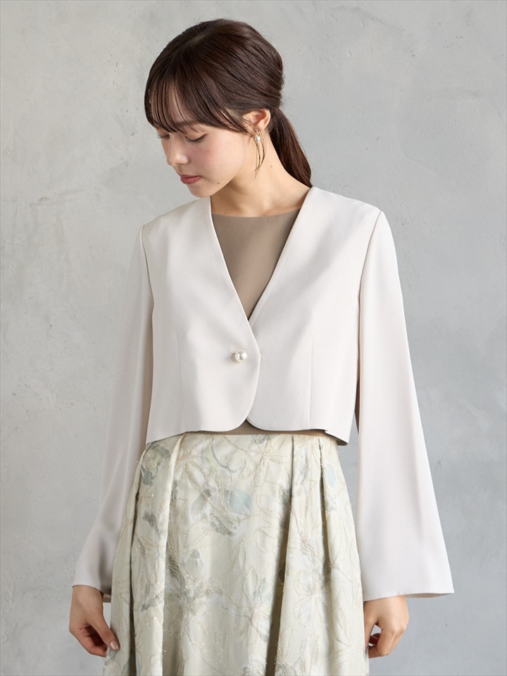 【試着キャンペーン対象】2WAYボタン袖ファスナーフレアスリーブノーカラージャケット|ベージュ