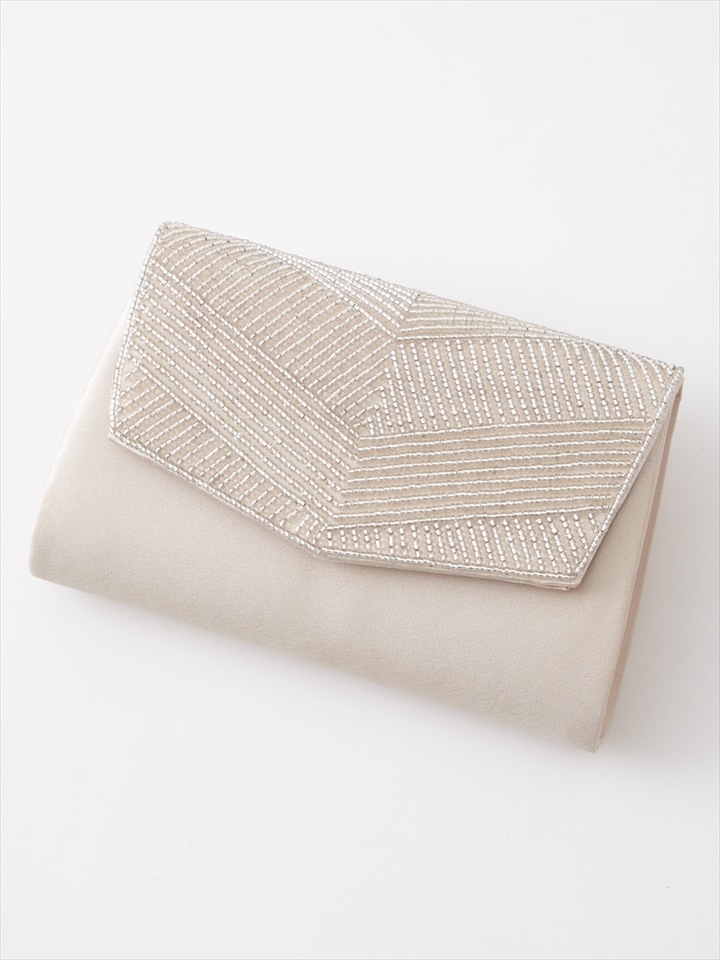 クリアビーズ刺繍サテンクラッチバッグ|ベージュ