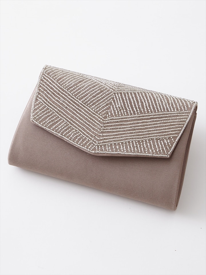 クリアビーズ刺繍サテンクラッチバッグ|モカ