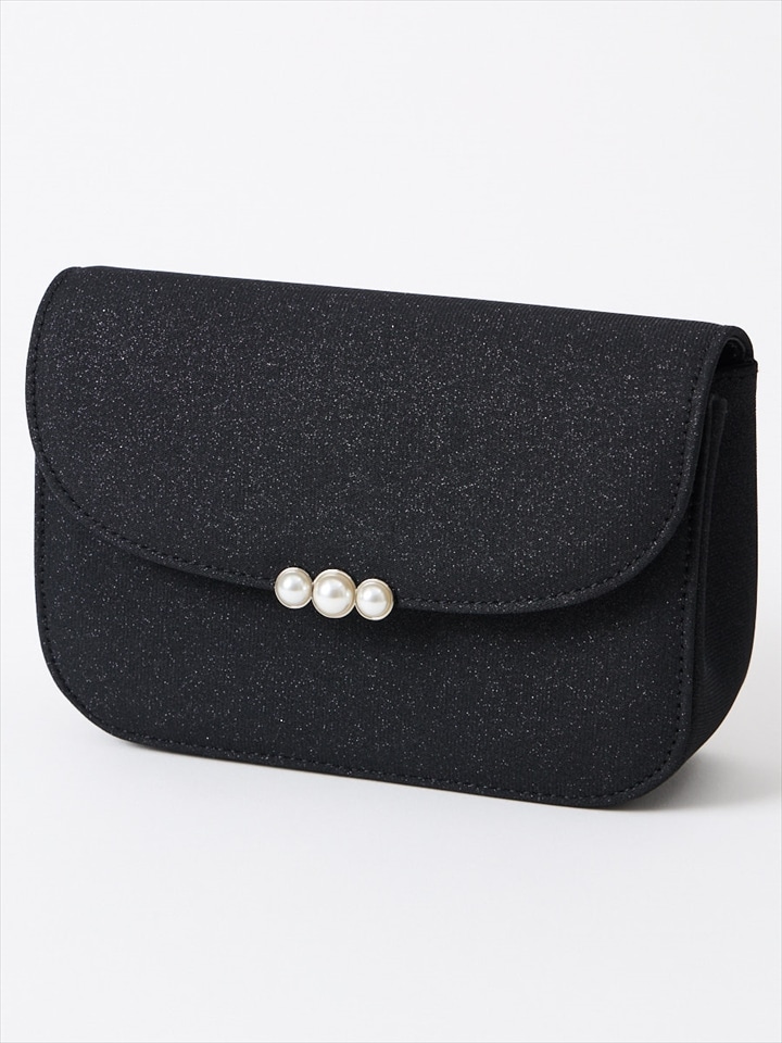 ラメ×パールモチーフフラップバッグ|ブラック