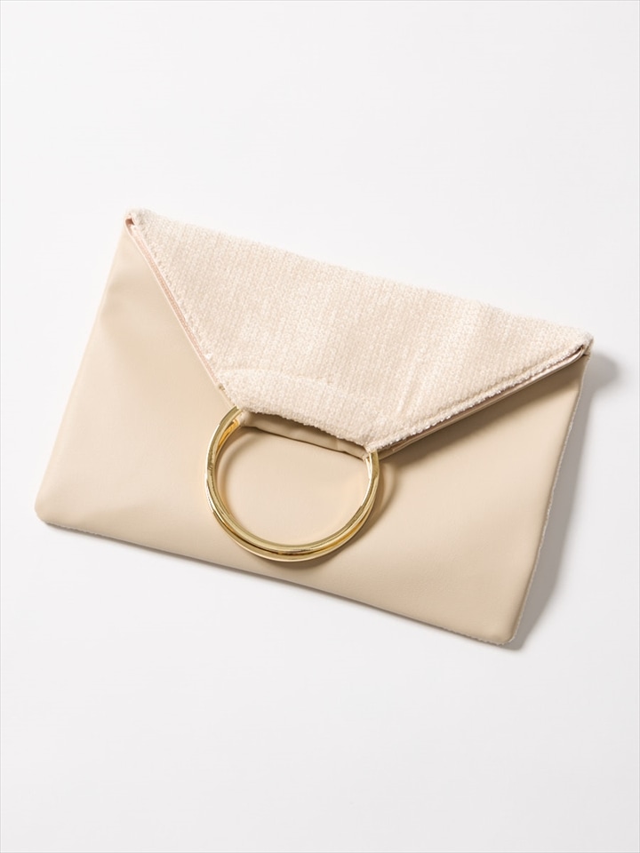 PU×ベロアスパンコールサークルリング2WAYクラッチバッグ|ベージュ