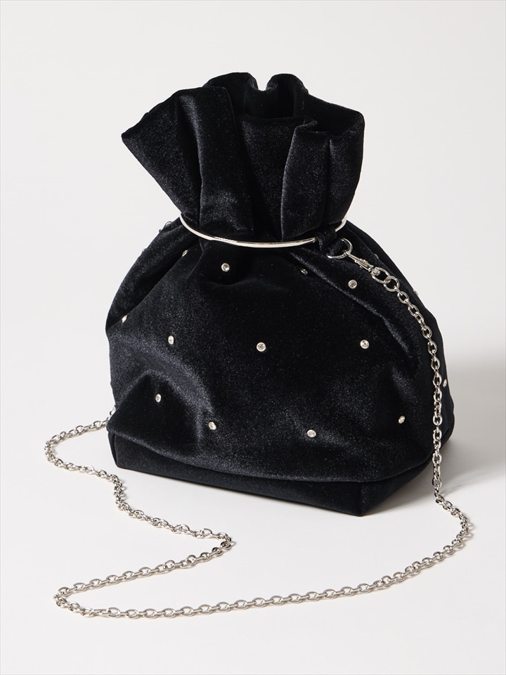 ビジューベルベット巾着バッグ|ブラック