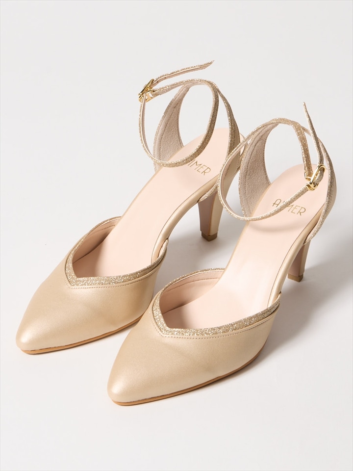 ラメラインポインテッドトゥストラップパンプス|イエローベージュ