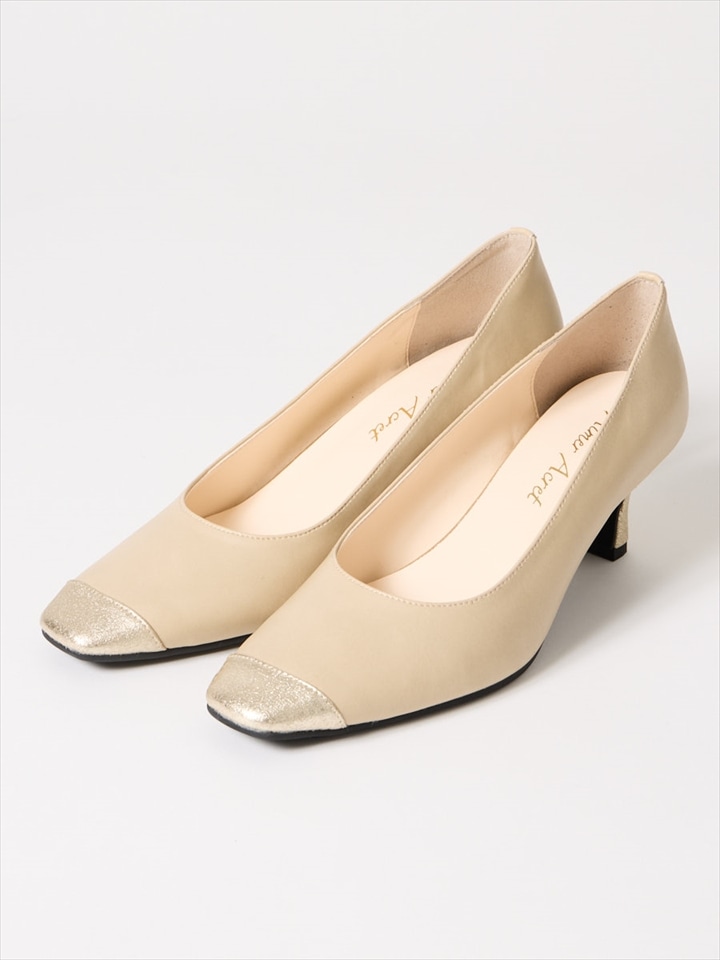 スクエアトゥコンビネーションパンプス|ベージュ