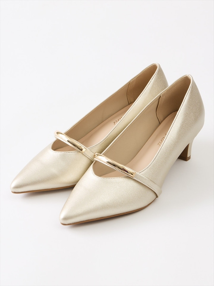 メタリックバー付きパンプス|ゴールド