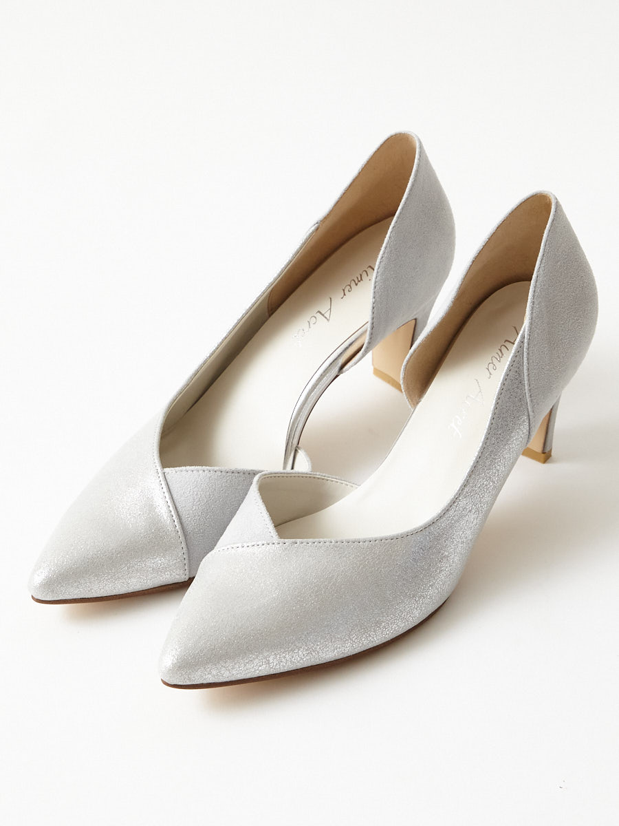 コンビ素材スクエアヒールパンプス|シルバー