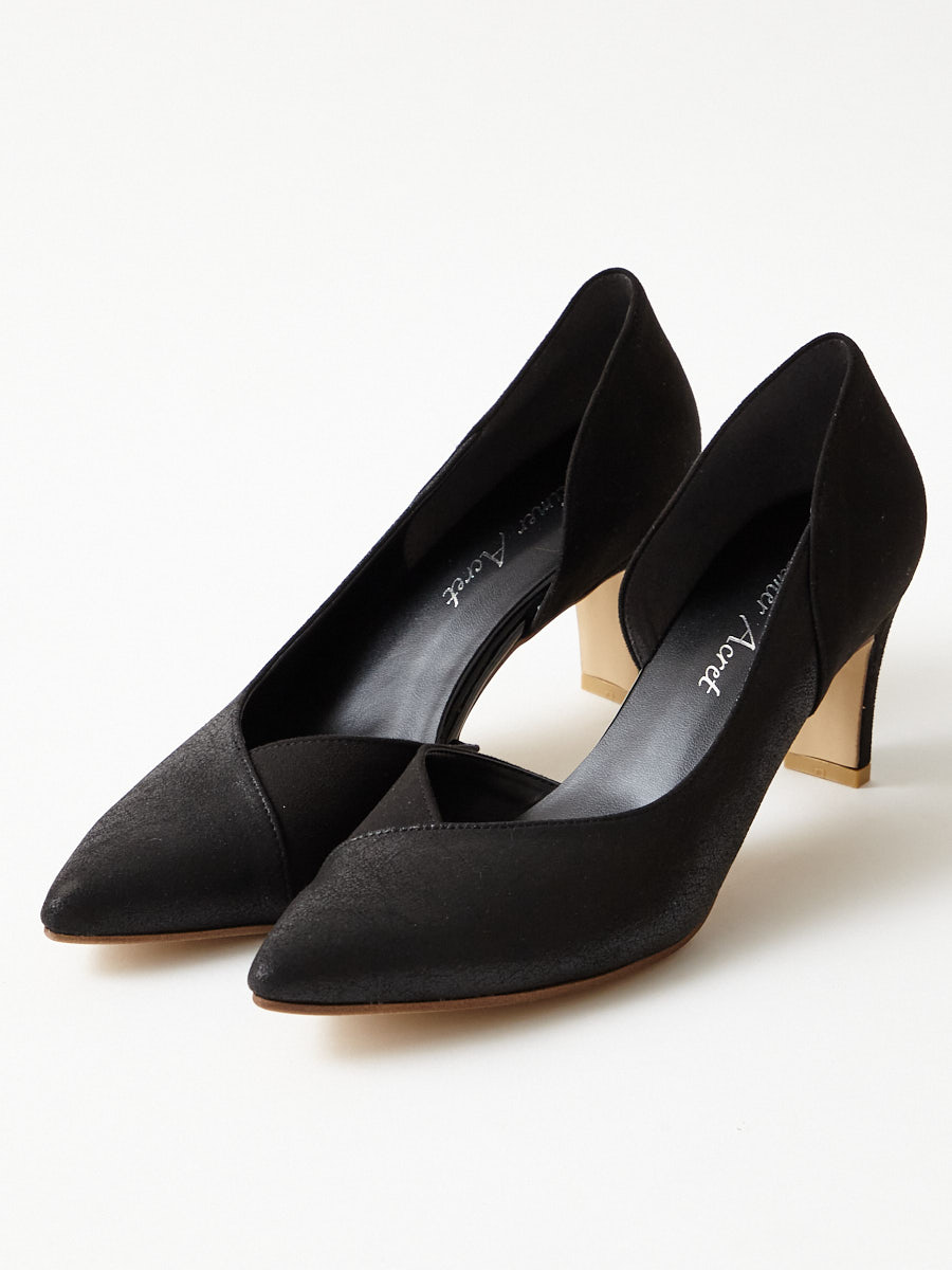 コンビ素材スクエアヒールパンプス|ブラック