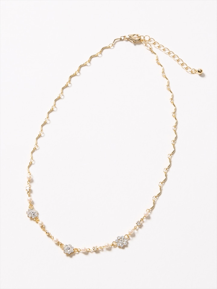 フラワーモチーフウェーブチェーンネックレス|ゴールド