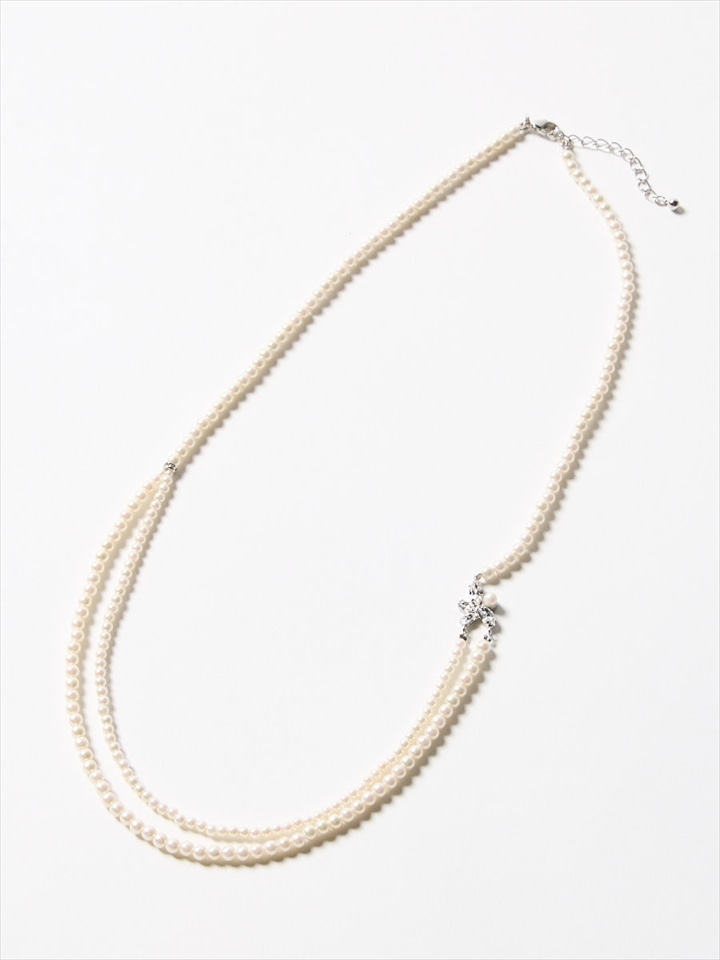 チェコガラスモチーフパールロングネックレス|シルバー