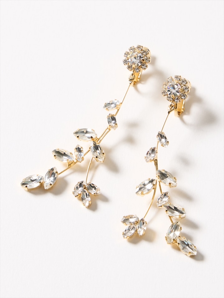 ガラスストーンリーフロングイヤリング|ゴールド