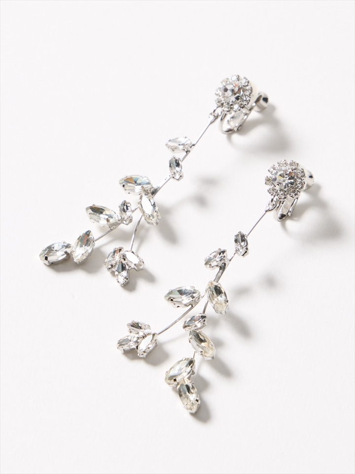 ガラスストーンリーフロングイヤリング|シルバー