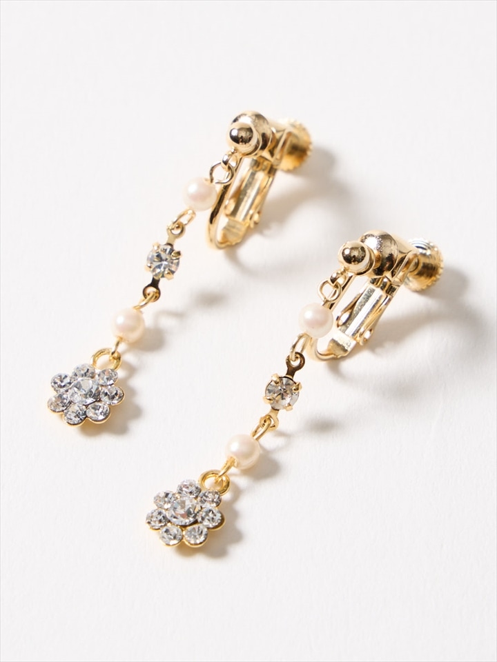 フラワーモチーフドロップイヤリング|ゴールド