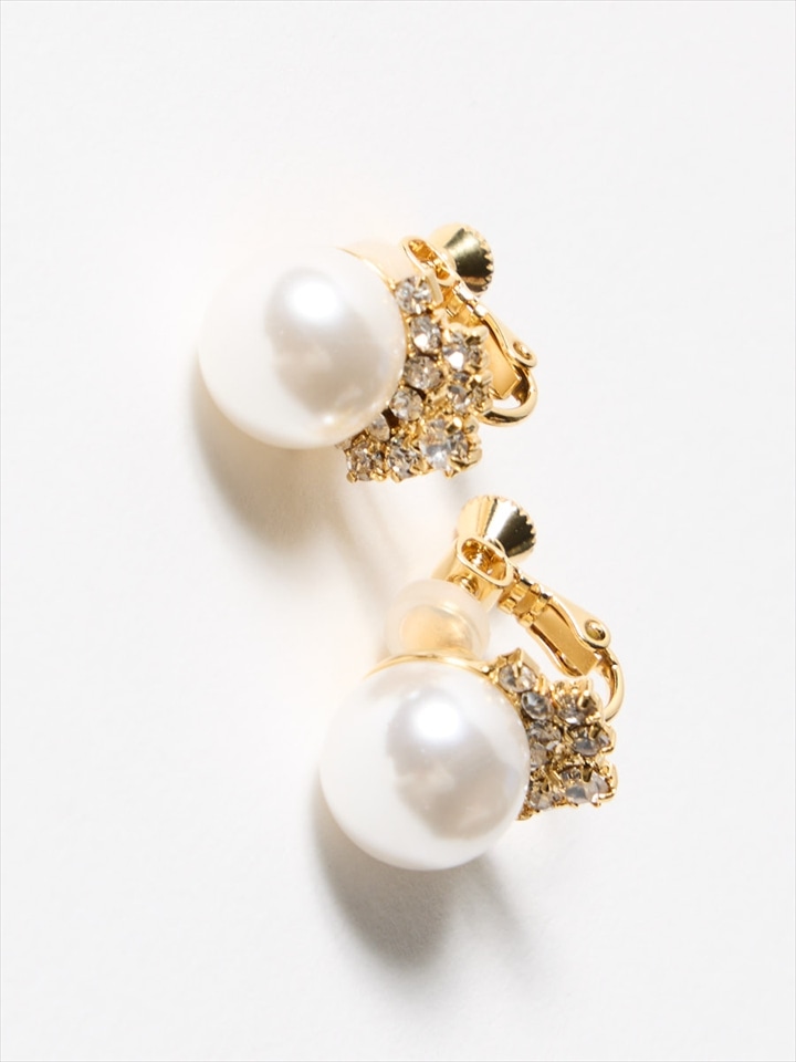 大粒パールイヤリング|ゴールド