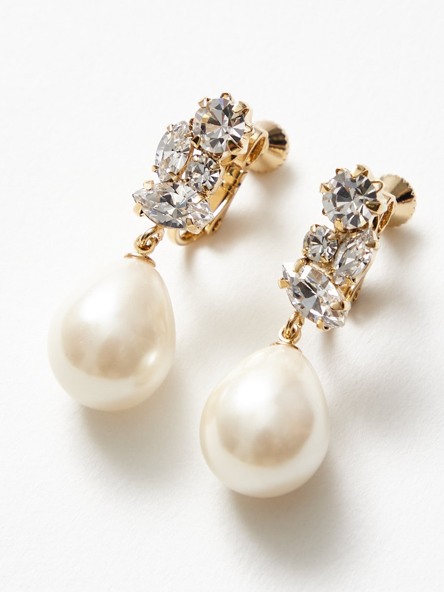 大粒パール×クリスタルガラスイヤリング|ゴールド