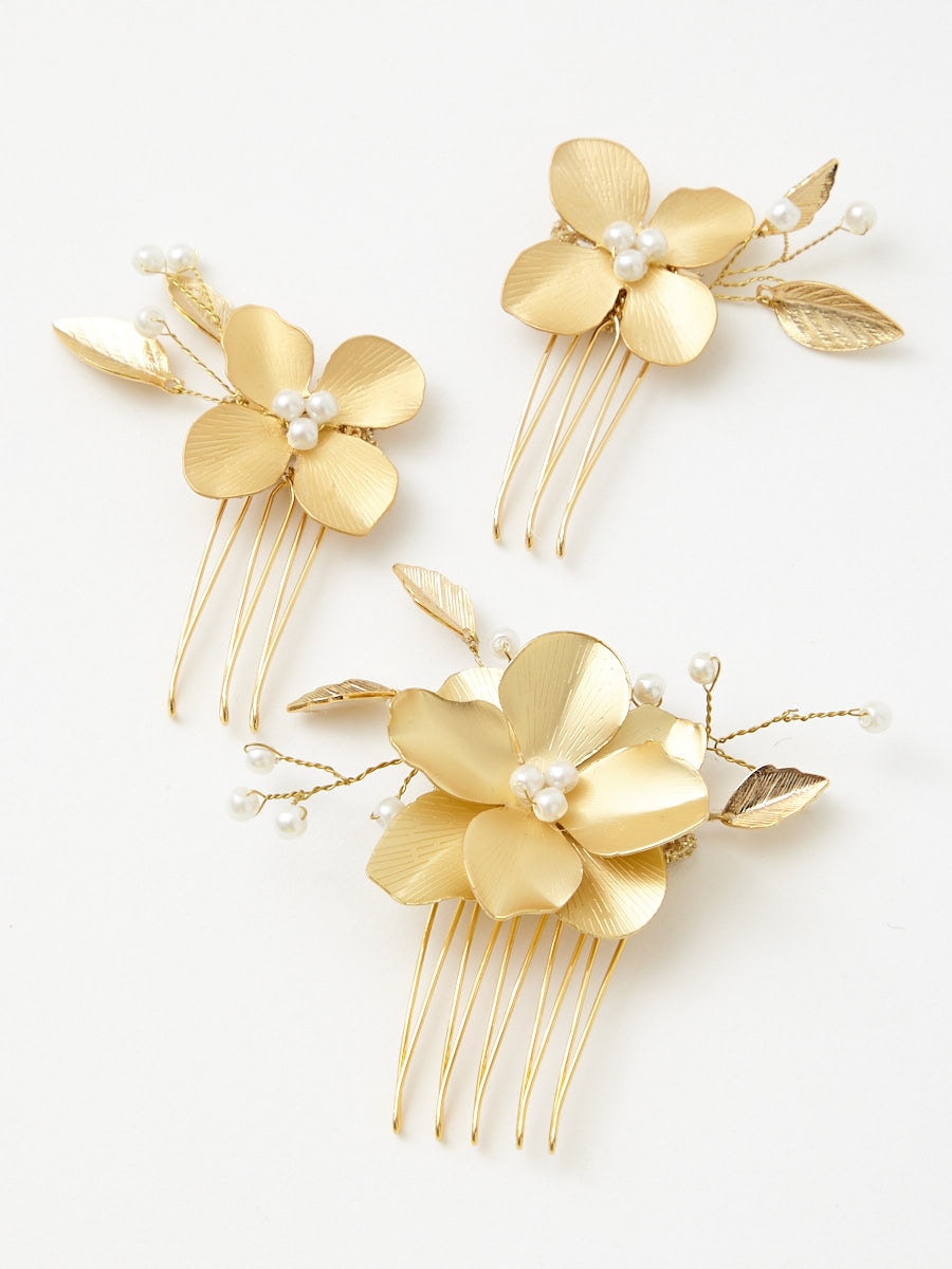 メタルフラワー3ピースコーム|ゴールド