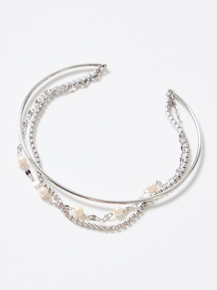 パール付きモチーフチェーン×ラインストーンチェーン×シンプルバーブレスレット|シルバー