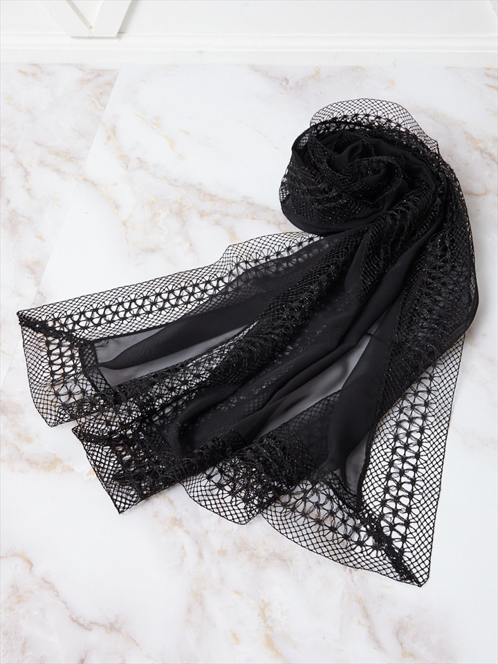 ラメ糸トーションレース×シフォンストール|ブラック