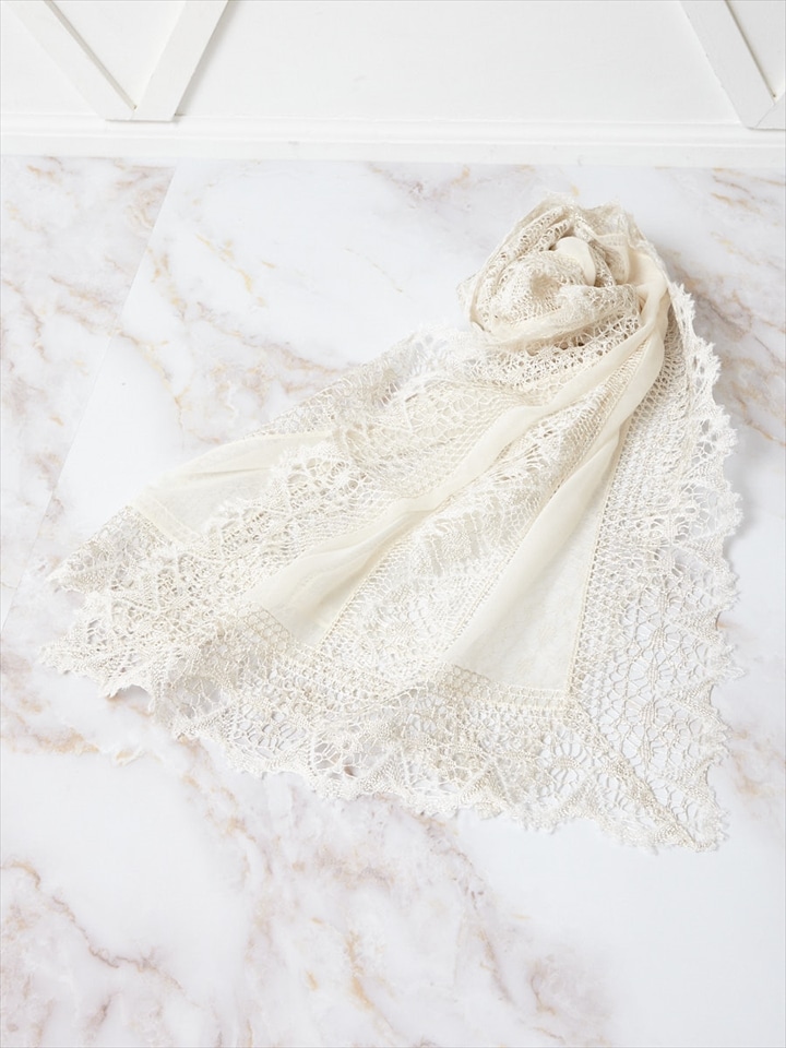 縁取りレース×シフォン・大判ストール|ベージュ