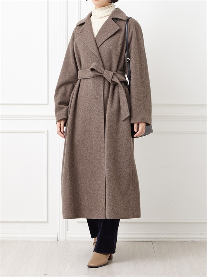 ラムウールブレンドメルトンベルテッドコート|ブラウン