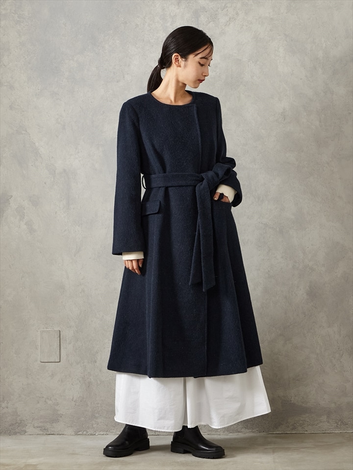 アルパカシャギーフィット＆フレアコート|ネイビー