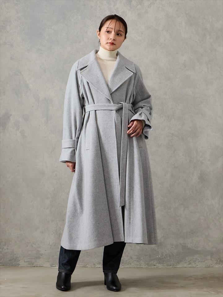 RESCWOOL®モッサ ビッグカラーフィット&フレアベルテッドコート|ライトグレー