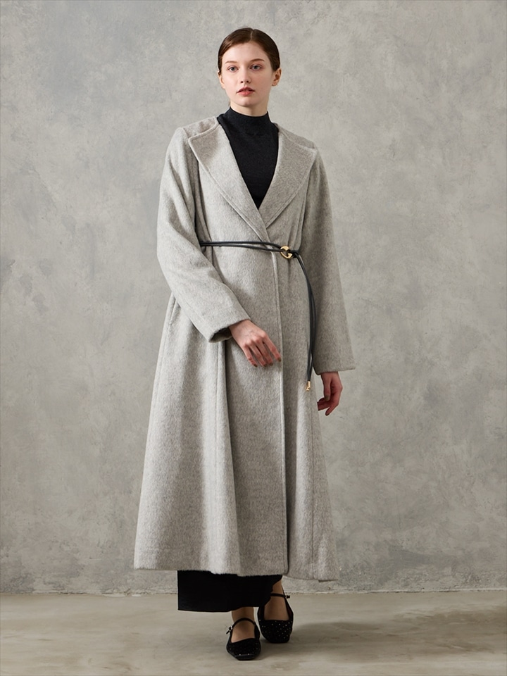 メランジウールライクニュアンスバックルベルトロングコート|ライトグレー