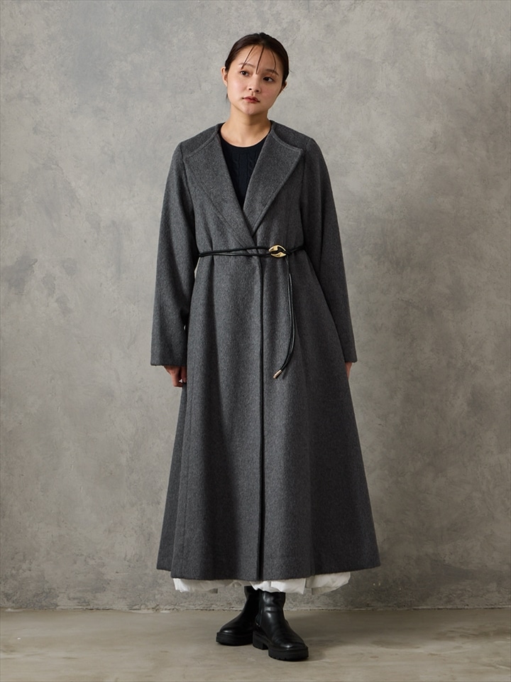 メランジウールライクニュアンスバックルベルトロングコート|チャコールグレー