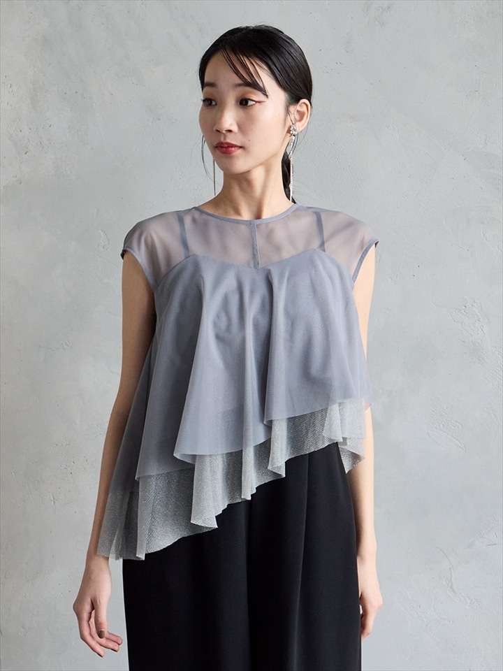 2WAYアシンメトリーラメチュールブラウス|グレー