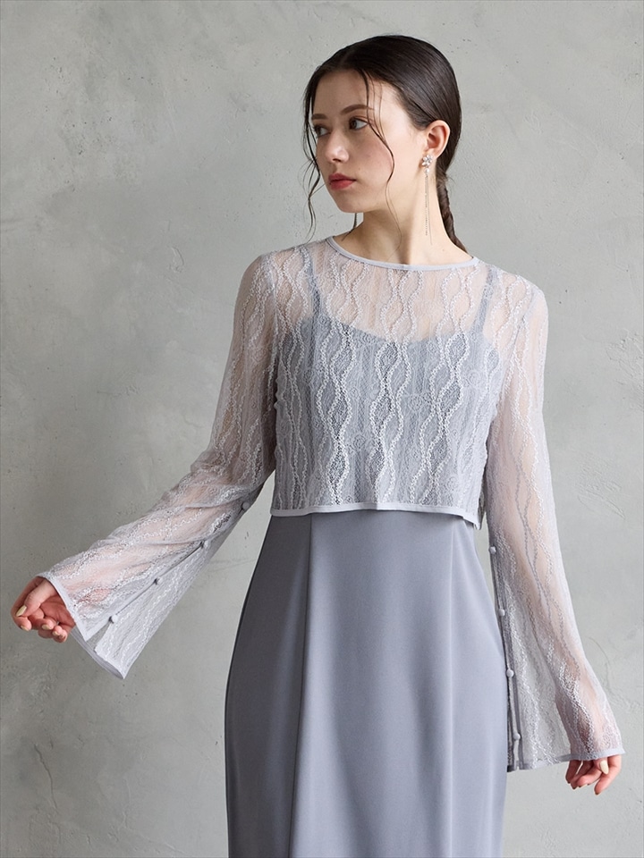 2WAY流線ストレッチレースボレロ|グレー