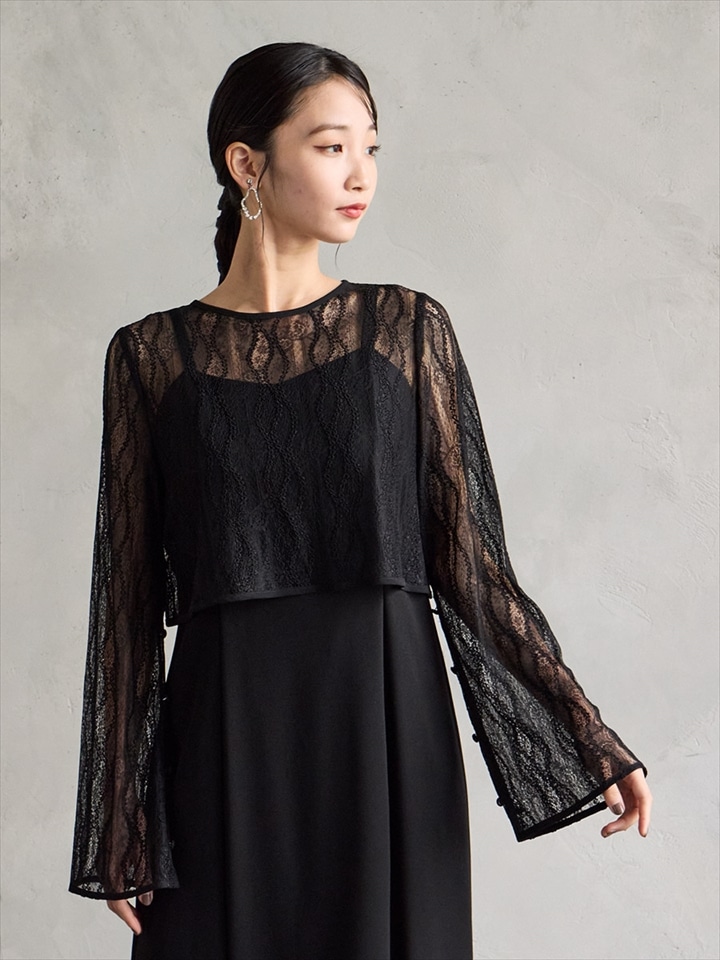 2WAY流線ストレッチレースボレロ|ブラック