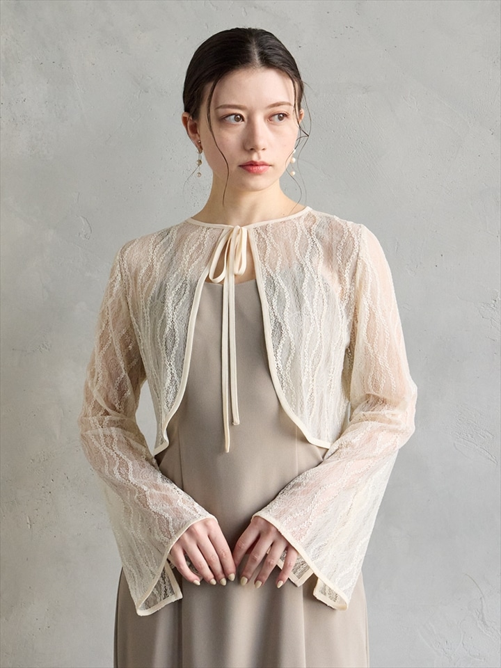 2WAY流線ストレッチレースボレロ|ベージュ