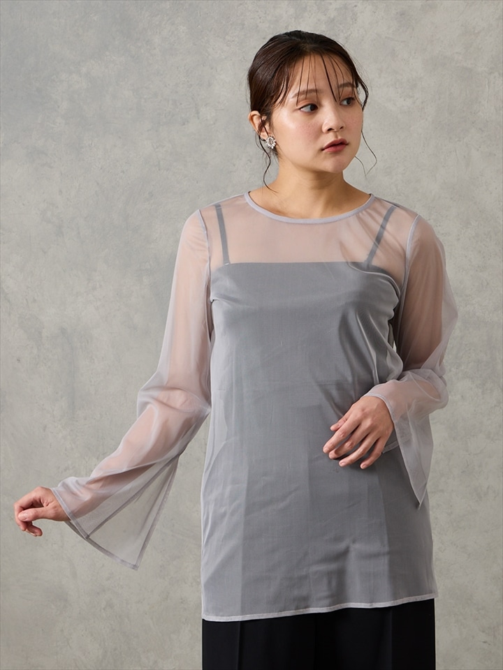 高密度チュールスリットスリーブブラウス|グレー