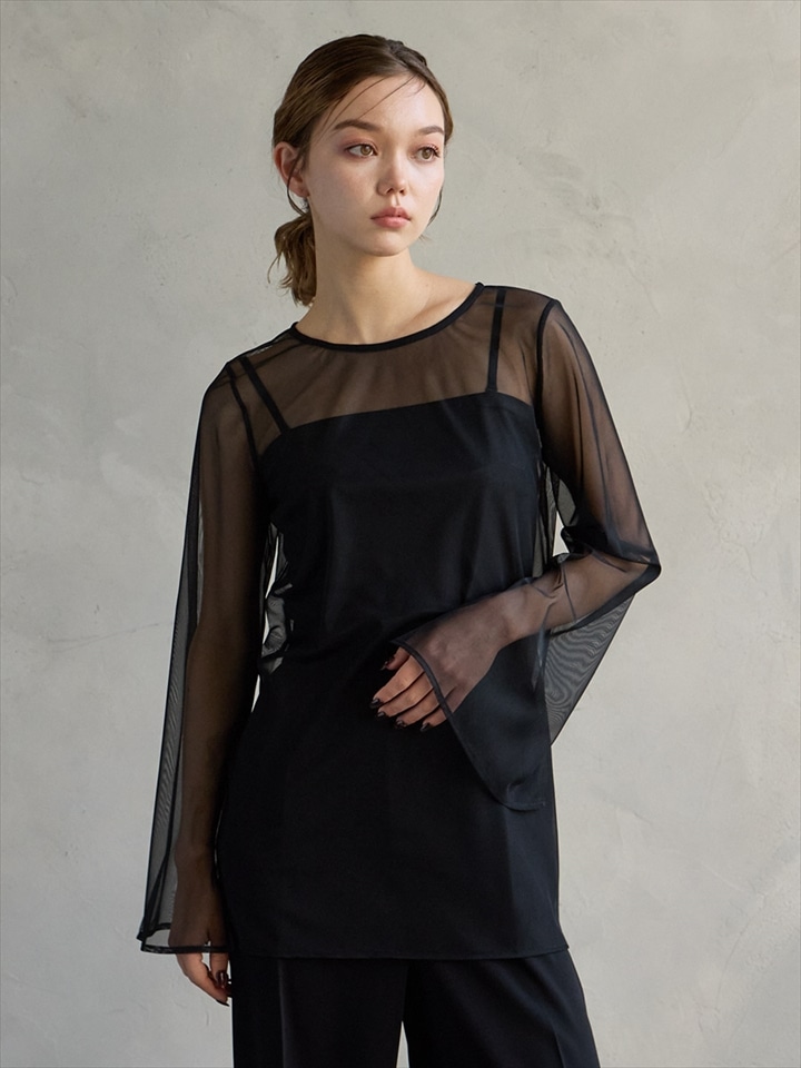 高密度チュールスリットスリーブブラウス|ブラック